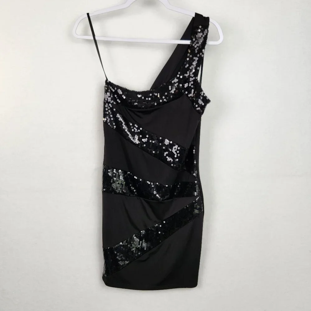 Arden B Womens One Shoulder Sequin Dress Size L Black NWT - Picture 1 of 7
